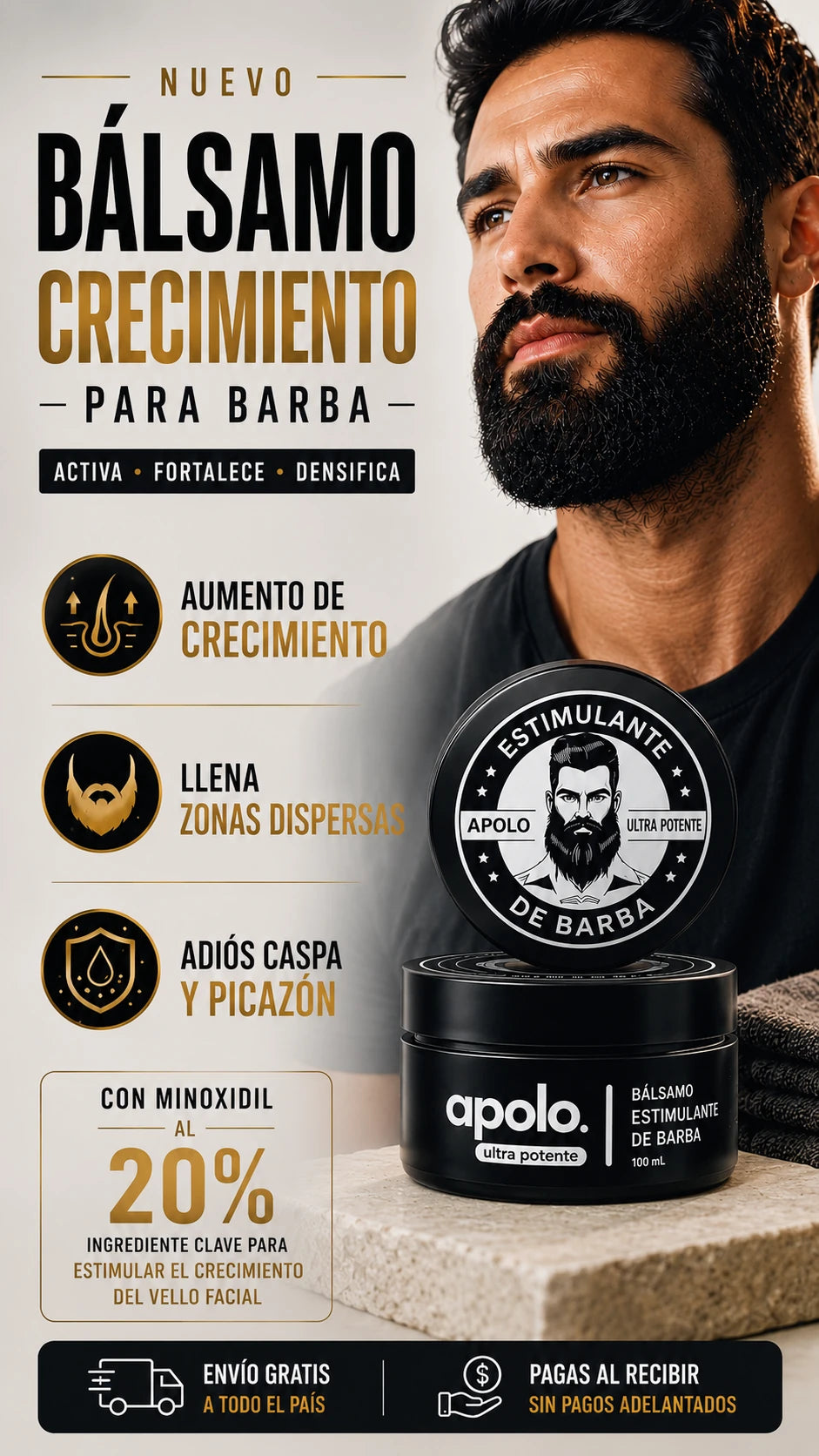 APOLO – Estimulante para el Crecimiento de la Barba | Ayuda a Poblar Huecos, Combatir la Picazón y la Caspa.