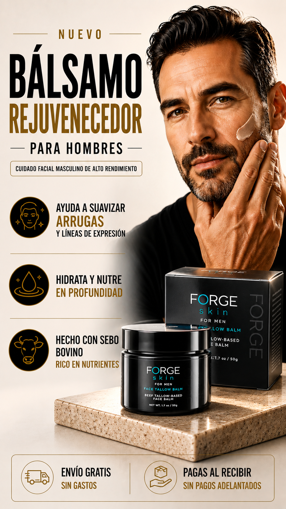 Bálsamo Antiedad Formulado a base de Sebo Bovino — Recupera un Rostro más Joven, Firme y Seguro. Diseñado para la Piel de los Hombres.