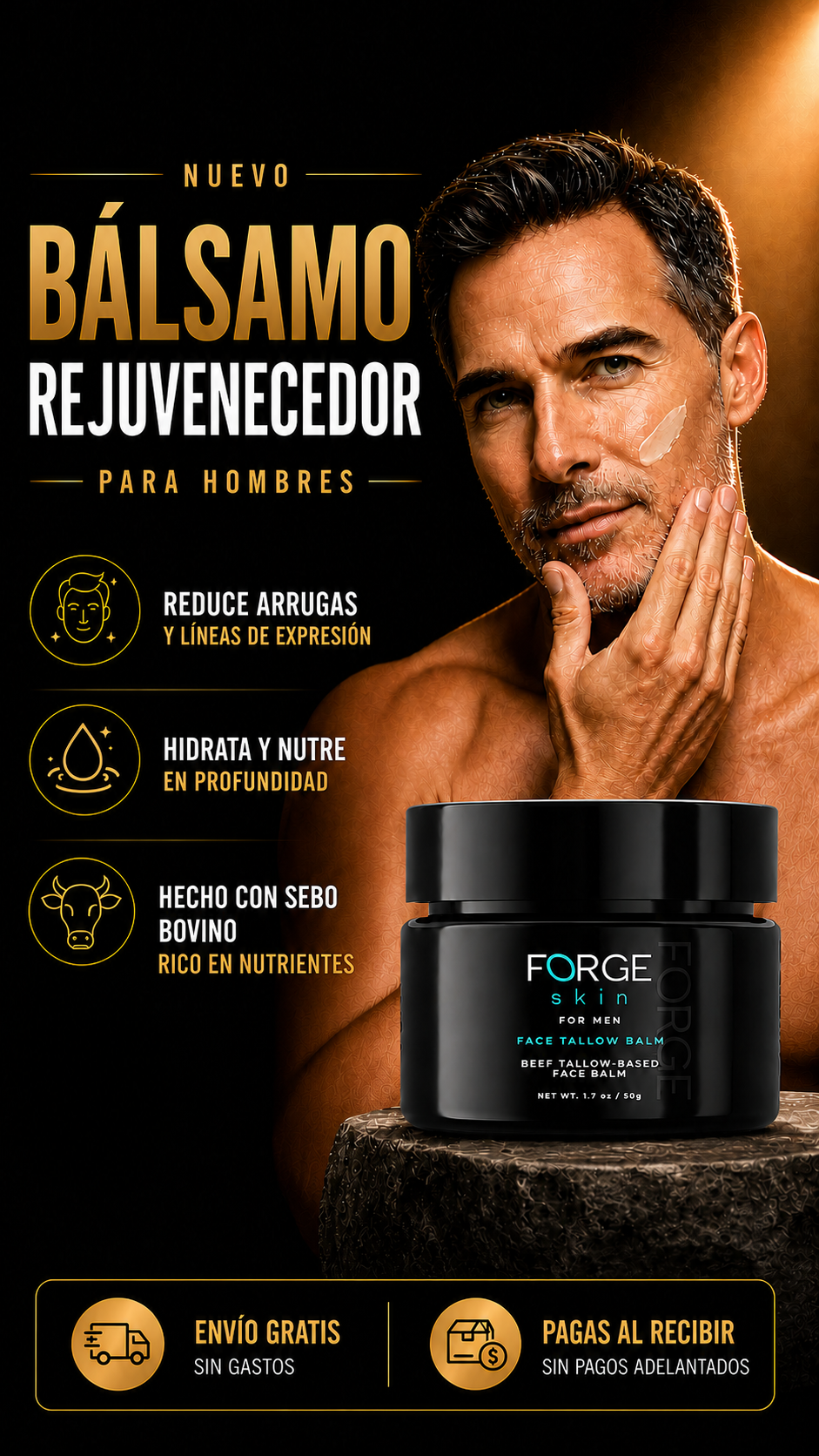 Bálsamo Antiedad Formulado a base de Sebo Bovino — Recupera un Rostro más Joven, Firme y Seguro. Diseñado para la Piel de los Hombres.